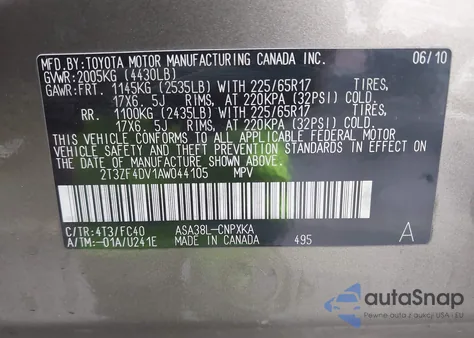 2010 Toyota Rav4 из США, поврежденный, VIN 2T3ZF4DV1AW044105